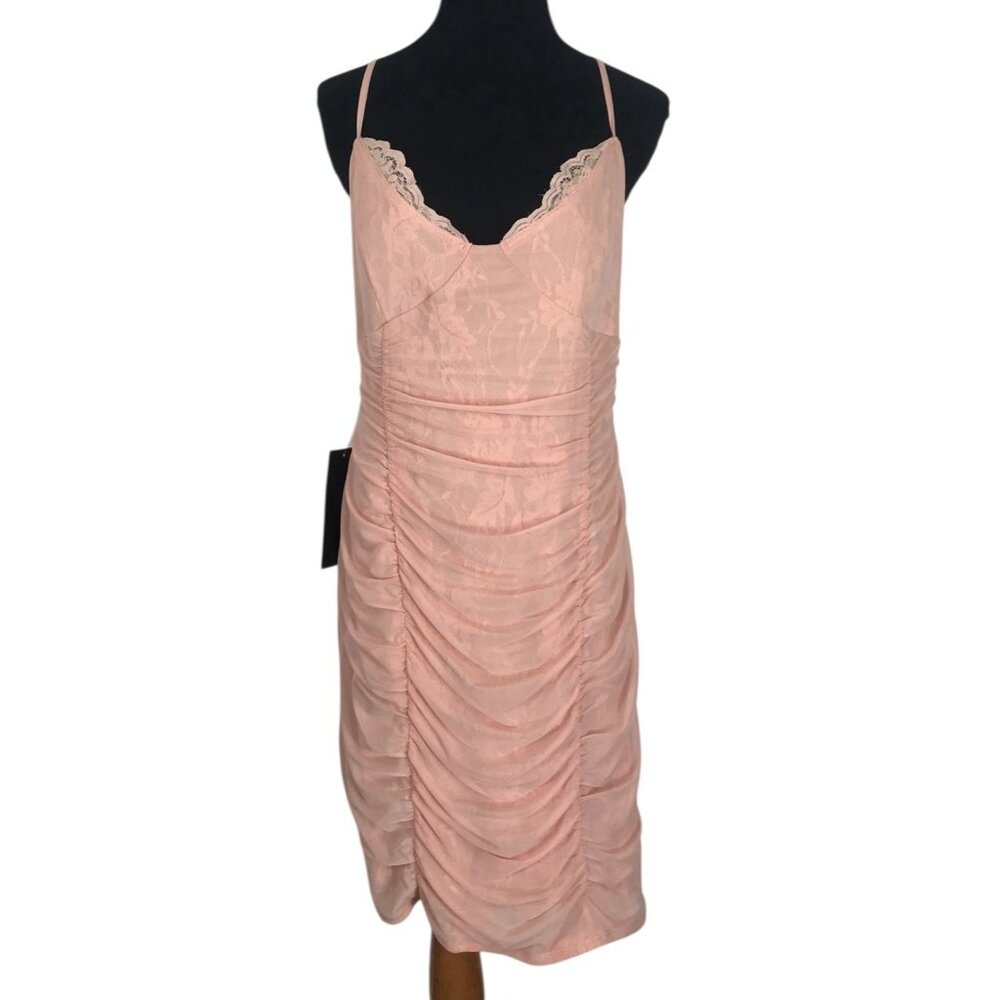 Bebe Dress Womens Size XL Peach Ruched Lace And‎ Mesh Bodycon